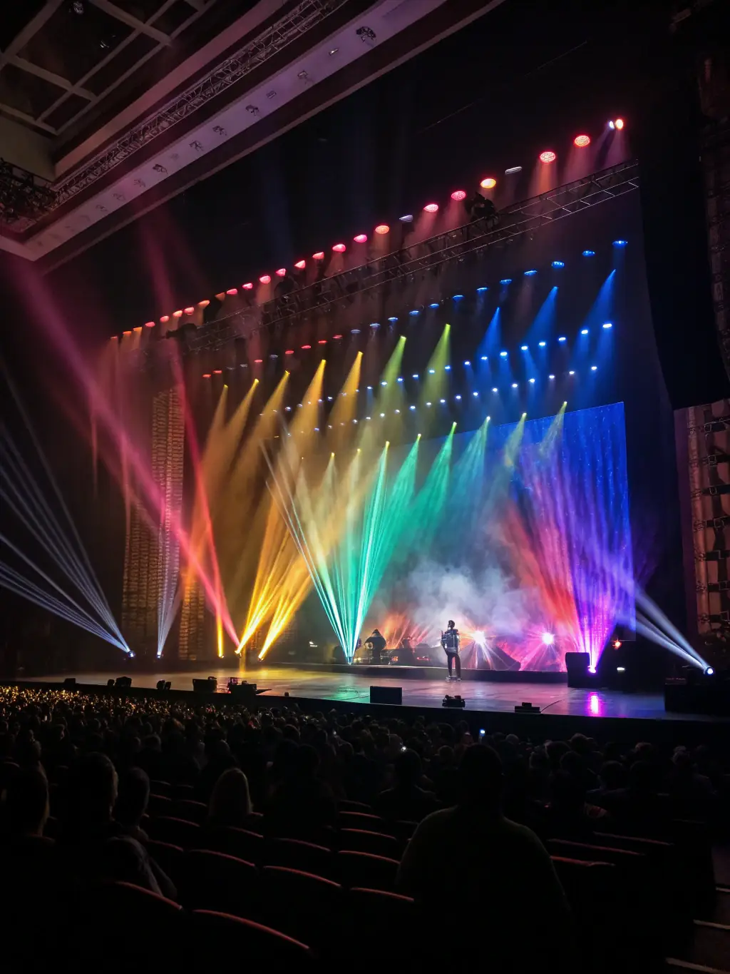 A vibrant image showcasing a large-scale event with dynamic stage lighting and a captivated audience, reflecting Enbex's expertise in event production.