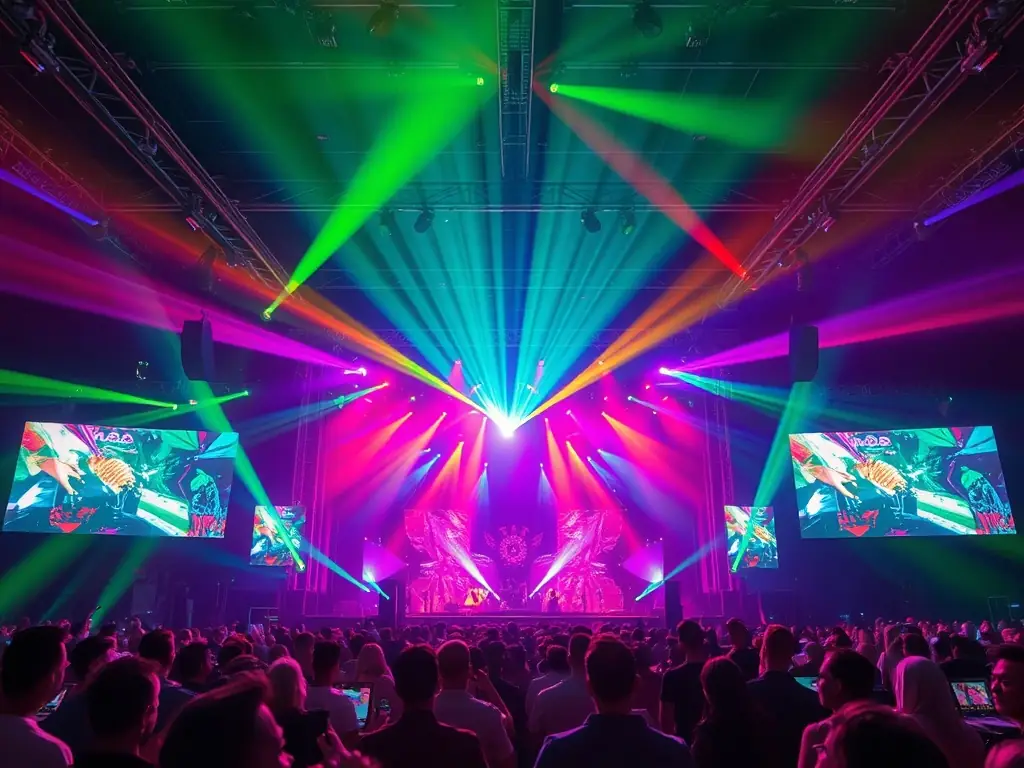 A vibrant image of a large event stage with dynamic lighting and visual displays, showcasing enbex's event production capabilities.