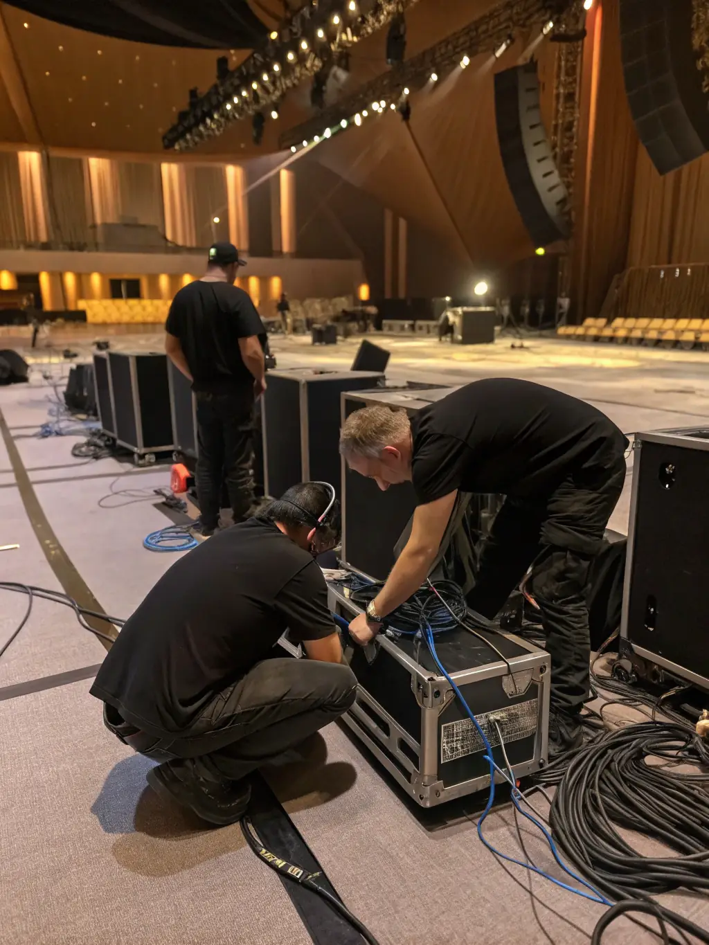 A detailed shot of enbex technicians meticulously setting up audio equipment before an event, showcasing their attention to detail and precision.